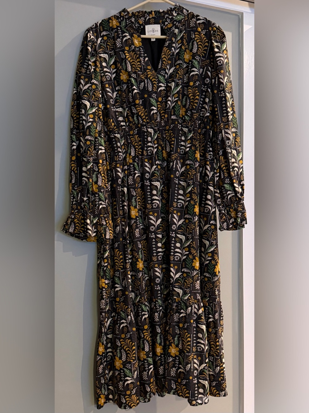 Umgee Black Long-Sleeve Tiered Dress with Yellow & Green Floral Print